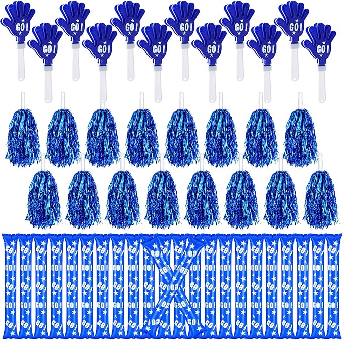 Hungdao 60 Pcs Noise Makers Homecoming Football Favors Include 24 Thunder Sticks Cheer Sticks 12 Hand Clapper 24 Cheerleading Pom Poms for Sporting Events Pep Rally Supplies(Blue)