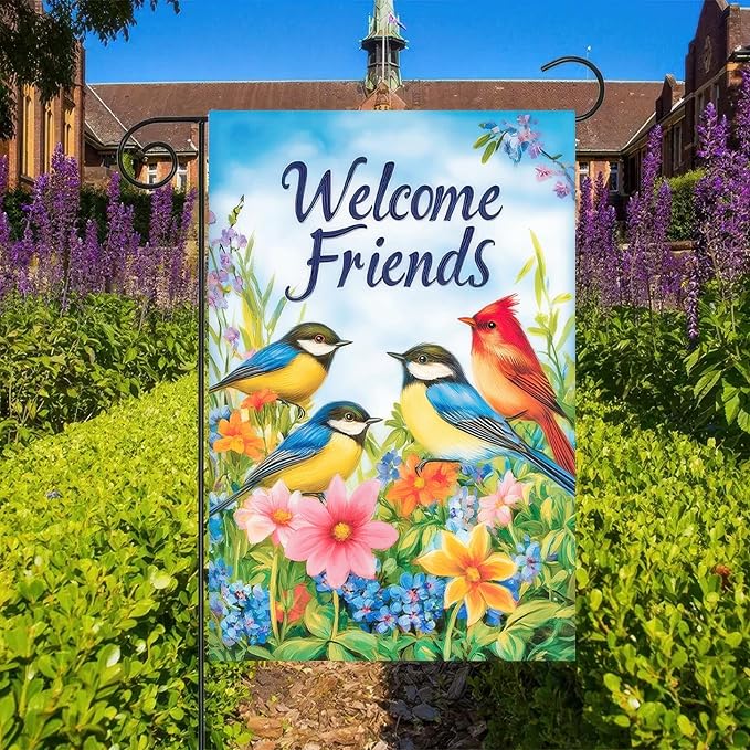 BlissYard Welcome Spring Garden Flag 12x18 Double Sided Birds and Flowers Yard Flags Welcome Friends Garden Flags Decorative Outside Outdoor House Spring Summer Decoration for Outdoor Lawn Patio