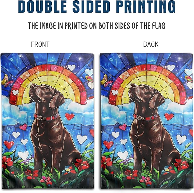 Stained Glass Chocolate Lab Garden Flag for Outside 12x18 Double Sided Rainbow Bridge Labrador Dog Bereavement Pet Sympathy Gift Memorial Yard Banner Small