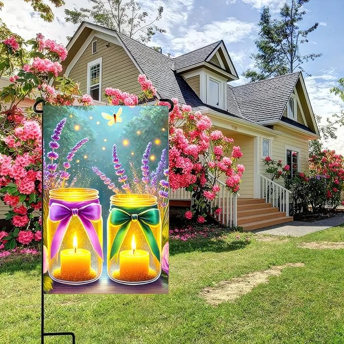 BlissYard Welcome Spring Garden Flag Double Sided 12 x 18 Inch Spring Summer Flags Glow Floral Fireflies Mason Jar Flag Holiday Yard Outdoor Lawn Farmhouse Decorations Banner (Only Flag)