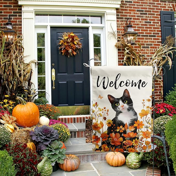Floral Cat Garden Flag - Fall Yard Wildflower Tuxedo Cat Flag - Orange Autumn Lawn Welcome Thanksgiving Outdoor Flag for Outside - 12x18 Double Sided Small