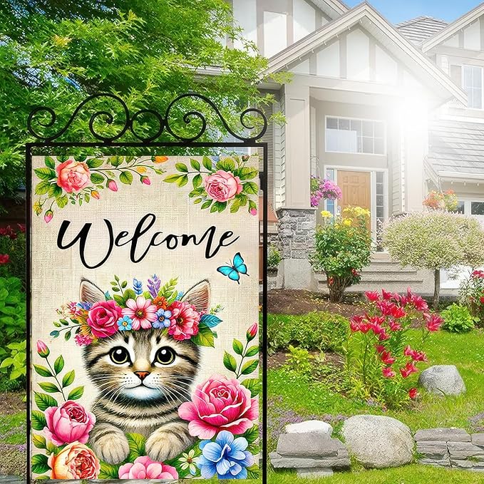 Spring Summer Garden Flag 12x18 Double Sided Floral Crown Cat Garden Flag for Outside Small Burlap Welcome Yard Flag Farmhouse Outdoor Decorative Flag