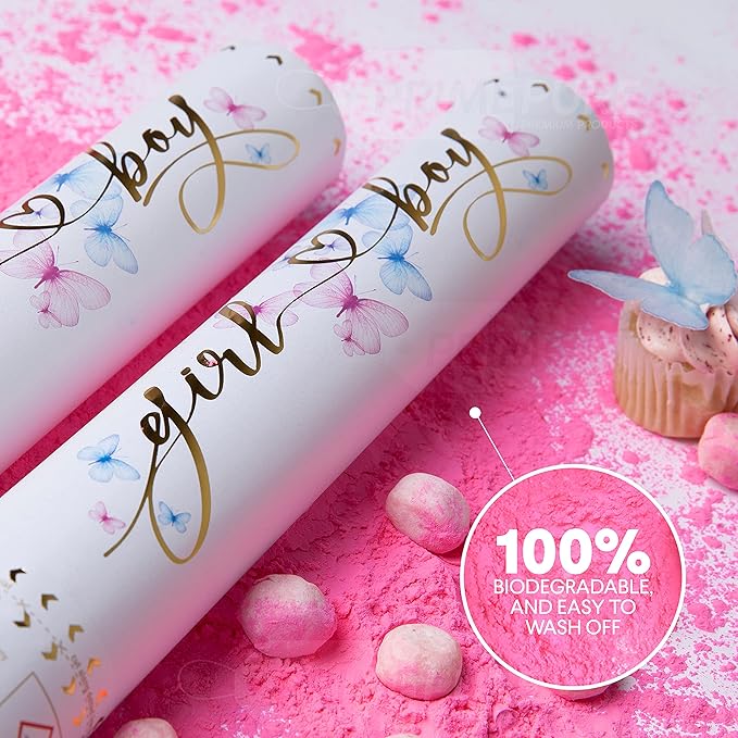 PrimePure Gender Reveal Confetti Cannon - Biodegradable Powder Cannons Smoke Bomb - Pink, 2 Pack - Party Poppers Baby Pink Confetti Popper for Baby Girl Gender Reveal