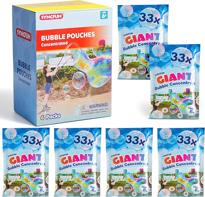 SYNCFUN 6 Packs Giant Bubble Solution (Up to 4.5 Gallons), 6 Pouches Concentrated Solution Refill for Bubble Machine, Wands, Blower, Easter, Outdoors Activity