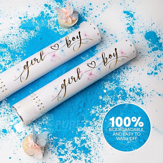 PrimePure Gender Reveal Confetti Cannon - Biodegradable Powder Cannons Smoke Bomb - Blue, 2 Pack - Party Poppers Baby Blue Confetti Popper for Baby Boy Gender Reveal Party