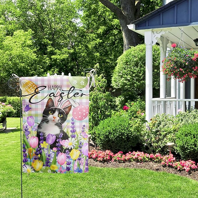 Happy Easter Cat Garden Flag Tuxedo Cat Spring Flags Buffalo Plaid Bunny Eggs Yard Flag for Outside 12x18 Double Sided Small Decorative Floral Outdoor Flag