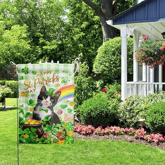 Tuxedo Cat St Patricks Day Garden Flag Cat St Patrick's Day Yard Flags for Outside 12x18 Double Sided Buffalo Plaid Shamrock Flag Small Outdoor Rainbow St Patrick's Decor