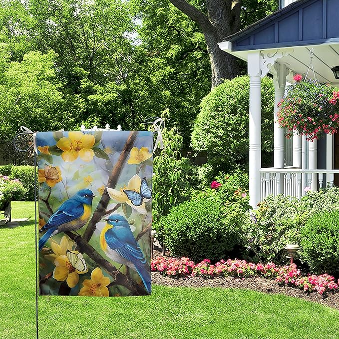 Summer Garden Flags Floral Bluebird Garden Flag Flower Spring Yard Flags for Outside 12x18 Double Sided Outdoor Front Porch Decor