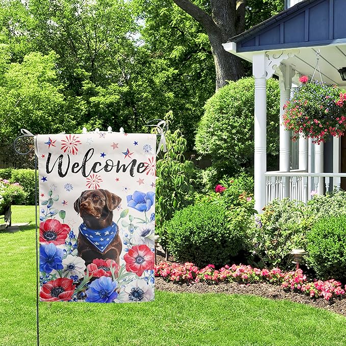 4th of July Chocolate Lab Garden Flag Red White Blue Floral Labrador Dog Yard Flags Small Memorial Independence Day Banner 12x18 Double Sided for Outside Outdoor Patriotic Decor