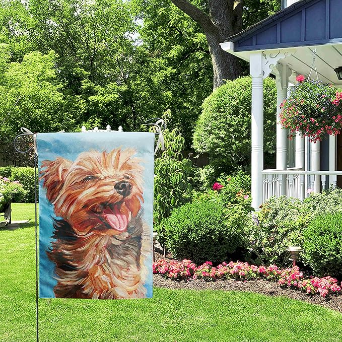 DZGlobal Happy Yorkie Garden Flag - Dog All-Weather Flag, Small Puppy Outdoor Seasonal Flag, 12 x 18 Inch, Vibrant Color, Double Sided, Holiday Yard Decor