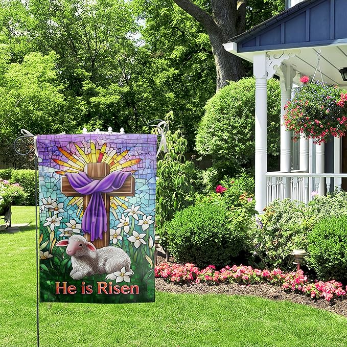 Christian Easter Garden Flag He is Risen Yard Flag Religious Easter Lamb Decor Stained Glass Cross Flag for Outside 12x18 Double Sided Lily Spring Outdoor Flag Small