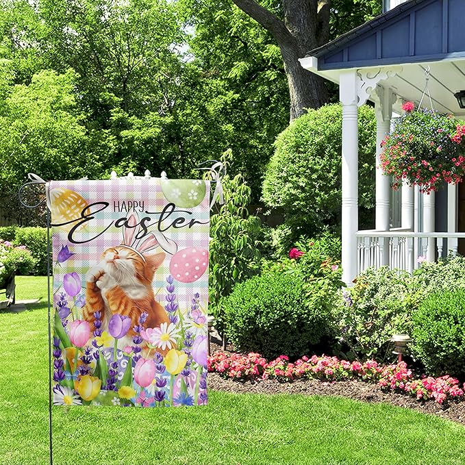 Happy Easter Cat Garden Flag Orange Cat Spring Flags Buffalo Plaid Bunny Eggs Yard Flag for Outside 12x18 Double Sided Small Decorative Floral Outdoor Flag
