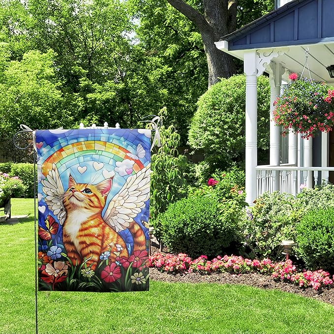 Stained Glass Orange Cat Garden Flag 12x18 Double Sided - Rainbow Bridge Memorial Gift for Loss of Pet - Bereavement Sympathy for Cat Lovers - Seasonal Small Outdoor Flag