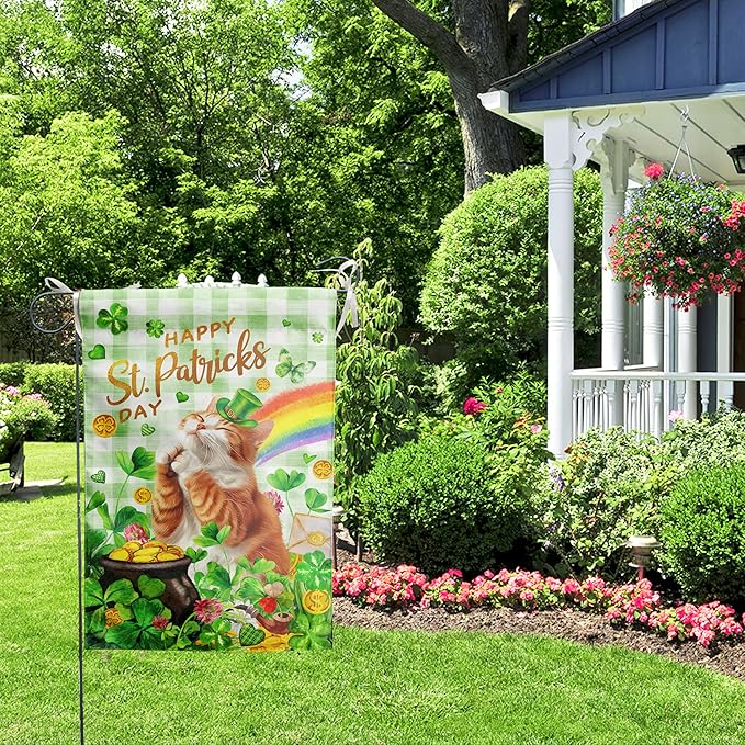 Orange Cat St Patricks Day Garden Flag Cat St Patrick's Day Yard Flags for Outside 12x18 Double Sided Buffalo Plaid Shamrock Flag Small Outdoor Rainbow St Patrick's Decor