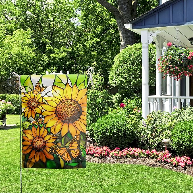 Stained Glass Sunflower Garden Flags Spring Summer Flags for Outside 12x18 Double Sided Small Floral Monarch Butterfly Yard Flag for Outdoor Lawn Poch Decor