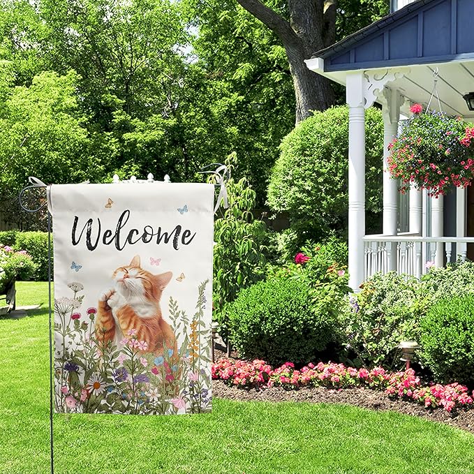 Spring Cat Garden Flags for Outside Summer Flower Garden Flag Floral Orange Cat Flag Welcome Yard Flags 12x18 Double Sided Mini Farmhouse Outdoor Decorative Flag