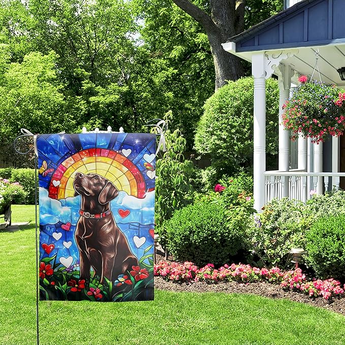 Stained Glass Chocolate Lab Garden Flag for Outside 12x18 Double Sided Rainbow Bridge Labrador Dog Bereavement Pet Sympathy Gift Memorial Yard Banner Small
