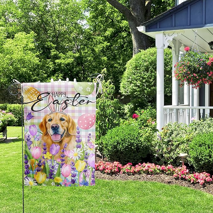 Happy Easter Dog Garden Flag Golden Retriever Spring Flags Buffalo Plaid Bunny Eggs Yard Flag for Outside 12x18 Double Sided Small Decorative Floral Outdoor Flag