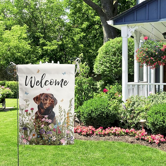 Spring Summer Garden Flag Floral Chocolate Lab Yard Flag Flower Labrador Dog Garden Flags for Outside Small Outdoor Welcome Flags 12x18 Double Sided