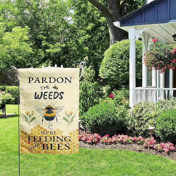 Summer Bee Garden Flag Pardon the Weeds We are Feeding the Bees Yard Sign Outdoor Decor No Mow Spring Flags for Outside 12x18 Double Sided